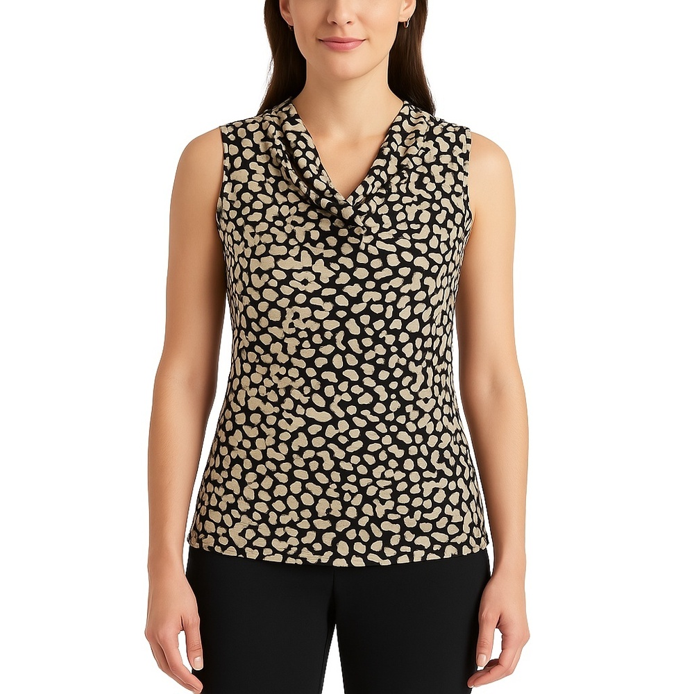 212 COLLECTION Tan Black White Animal Print Cowl Neck Top Medium